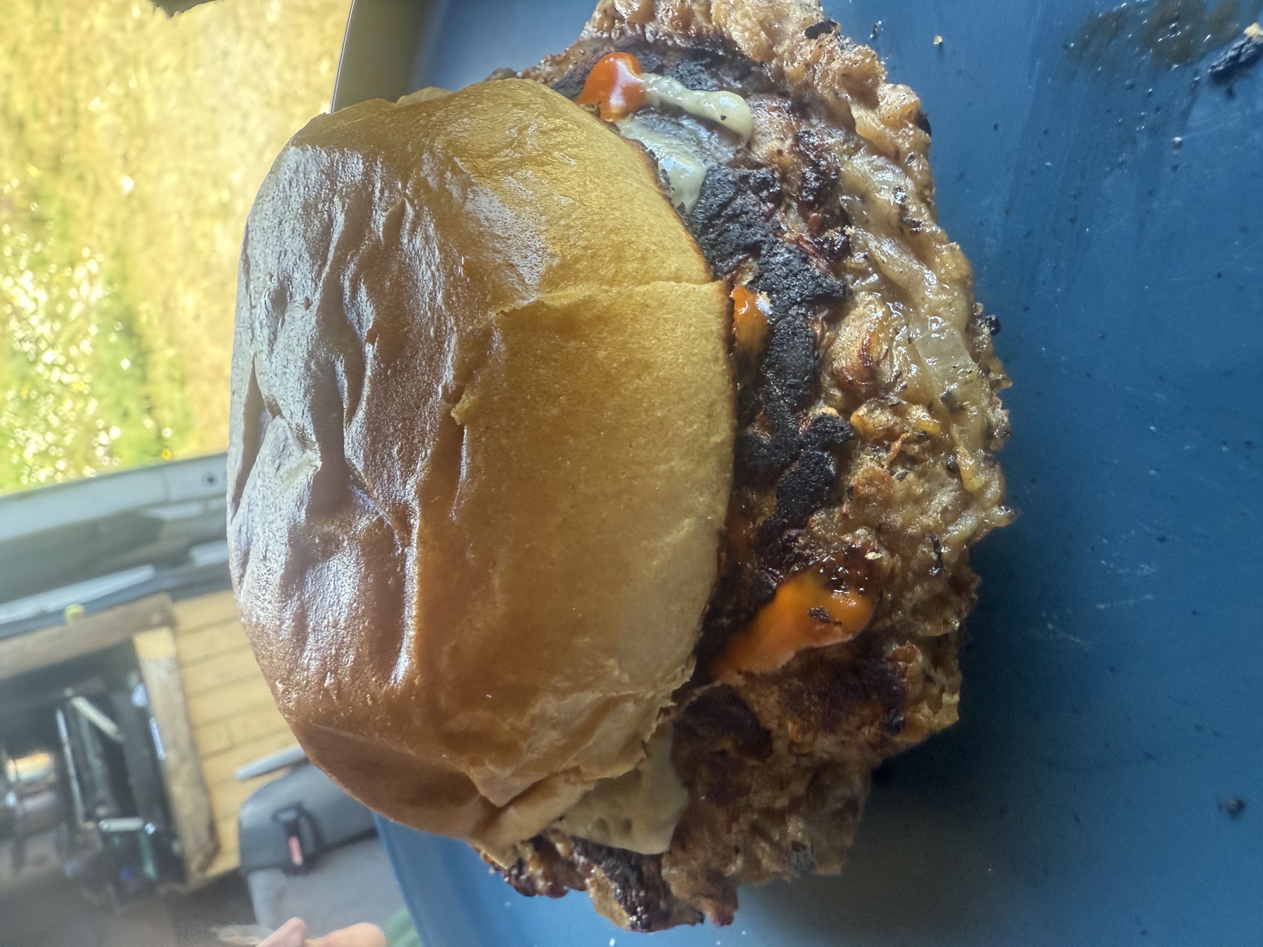 Finished homemade chickpea and potato burger in a bun