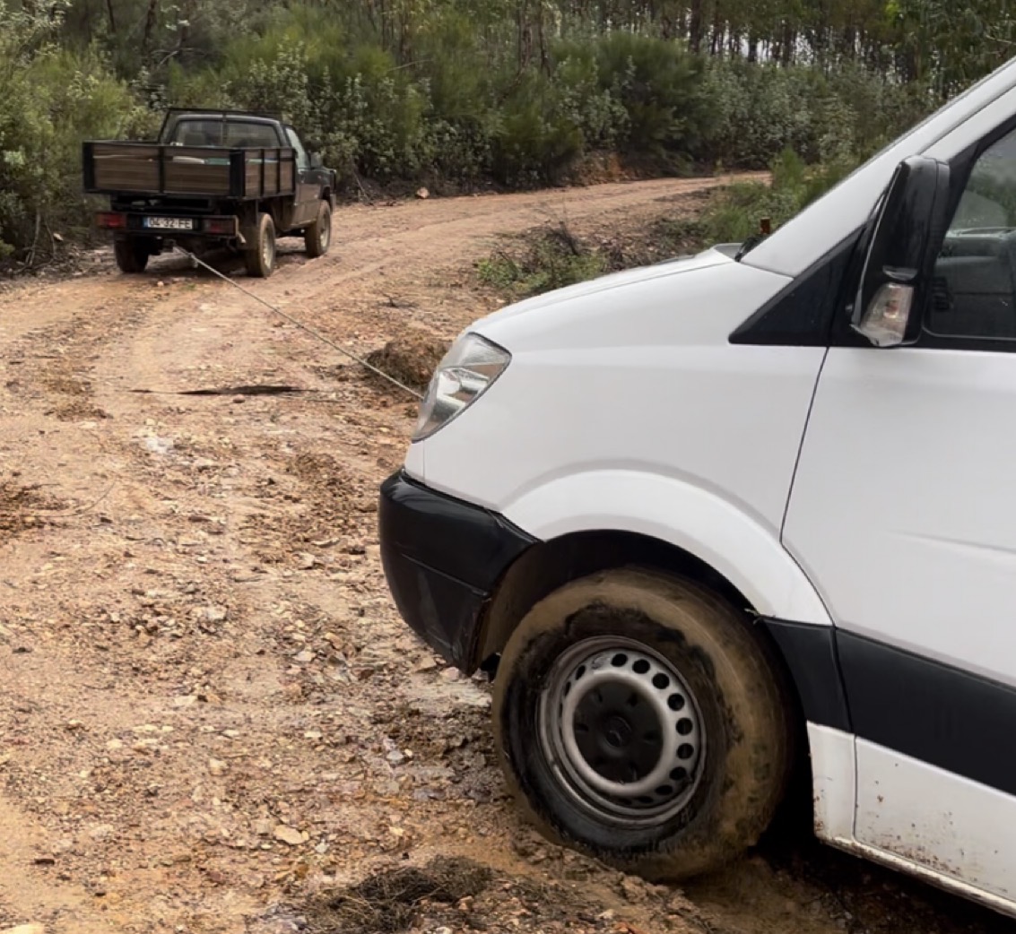 Mercedes Sprinter stuck on muddy mountain track